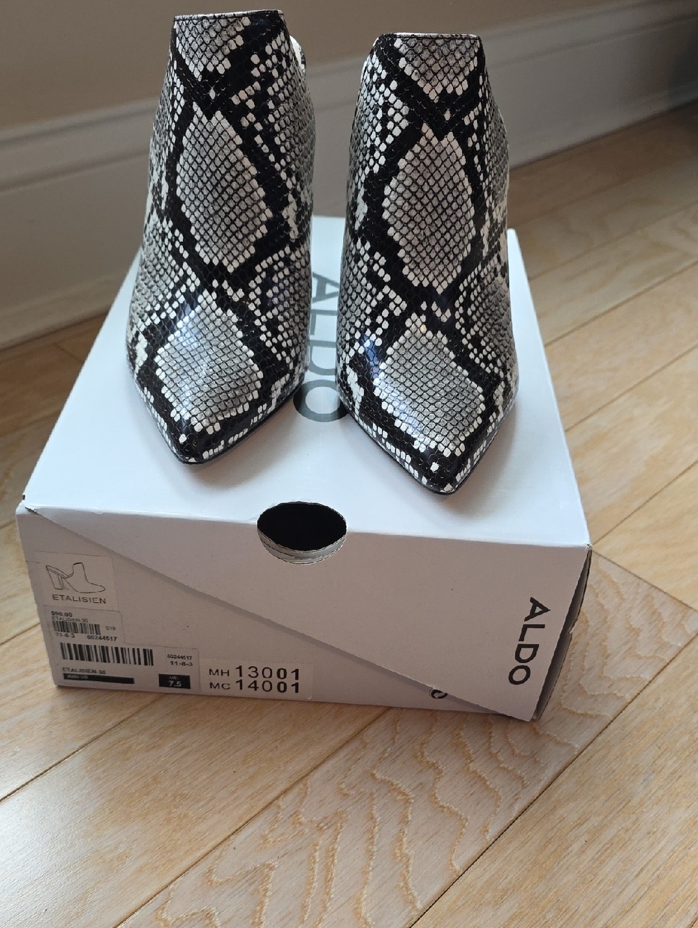 Aldo Black & White Snake-Print Pointed Ankle Booties